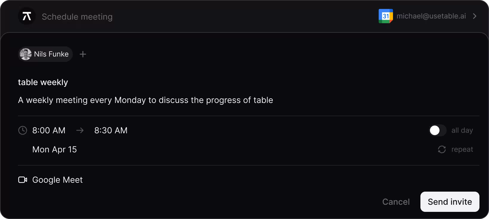 table automatically scheduling a call and sharing a calendar link